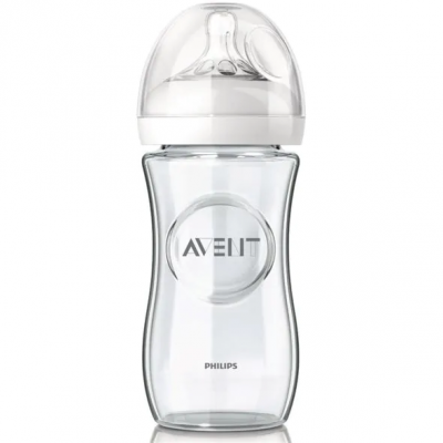 Авент / Avent Стъклено шише Natural с биберон Slow с 2 дупки 1м+ 240мл